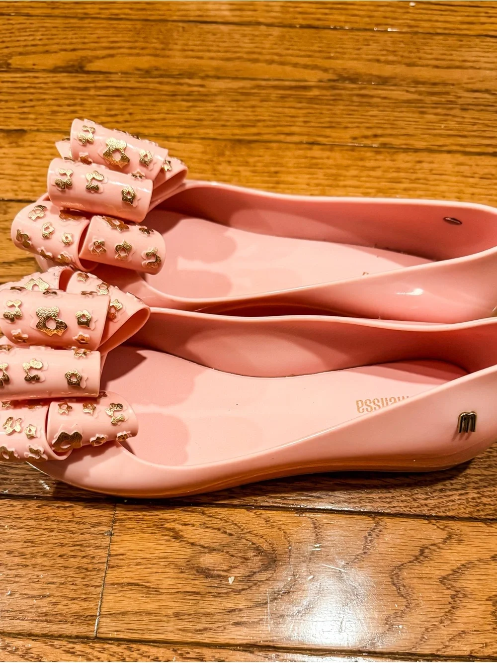 Mini Melissa Pink Bow Jelly Flats with Gold Accents